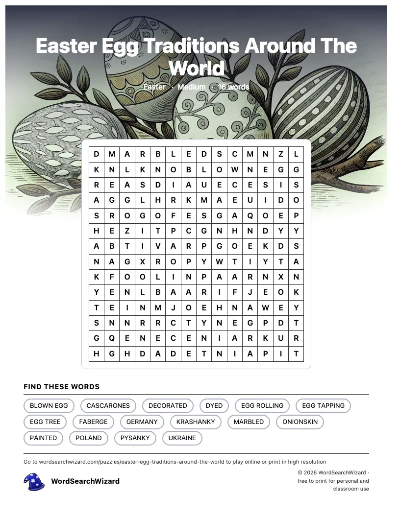 Easter Egg Traditions Around The World word search printable sheet, 16 words to find