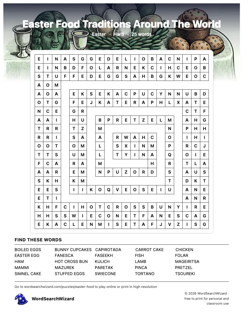 Easter Food Traditions Around The World word search printable sheet, 25 words to find