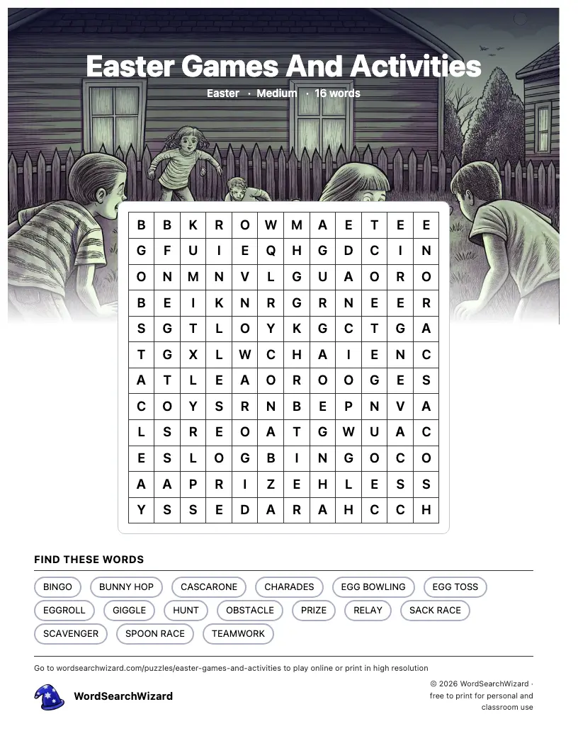 Easter Games And Activities word search printable sheet, 16 words to find