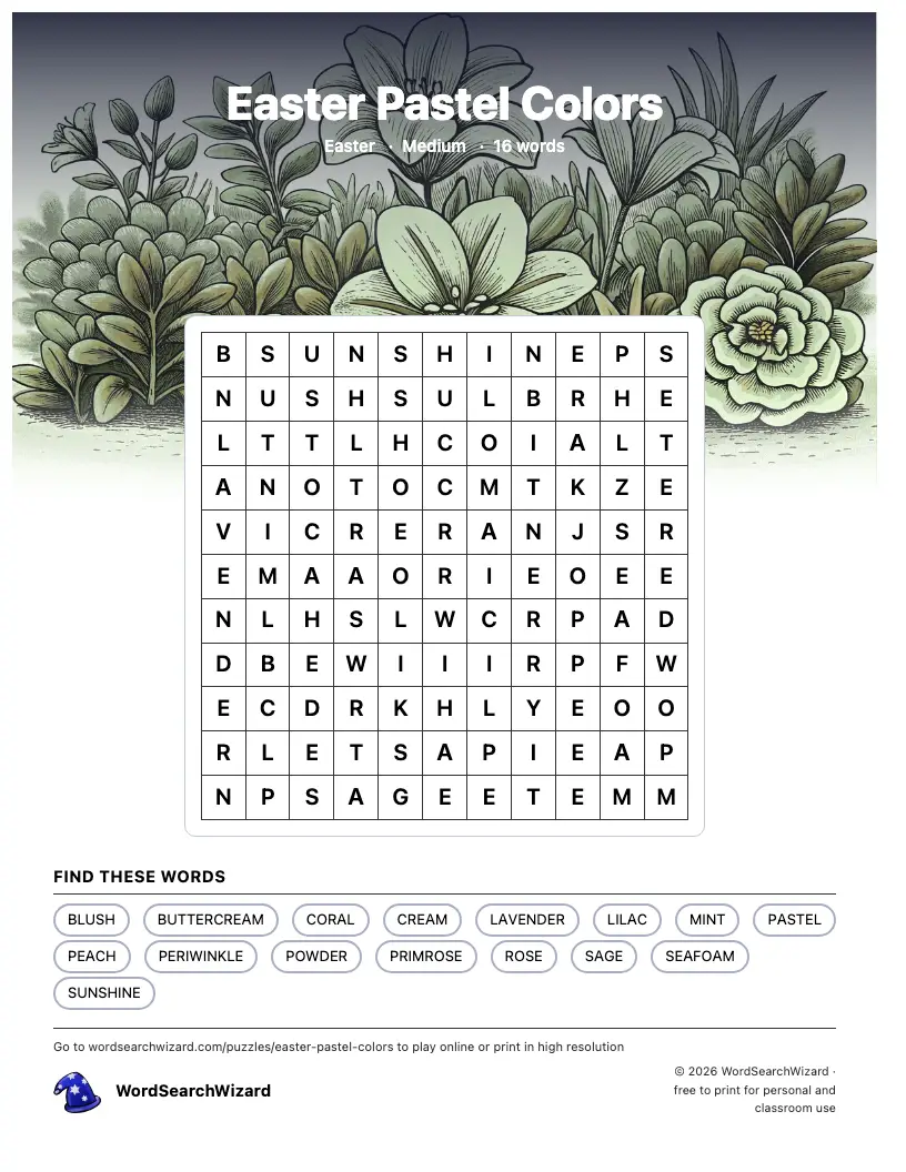 Easter Pastel Colors word search printable sheet, 16 words to find
