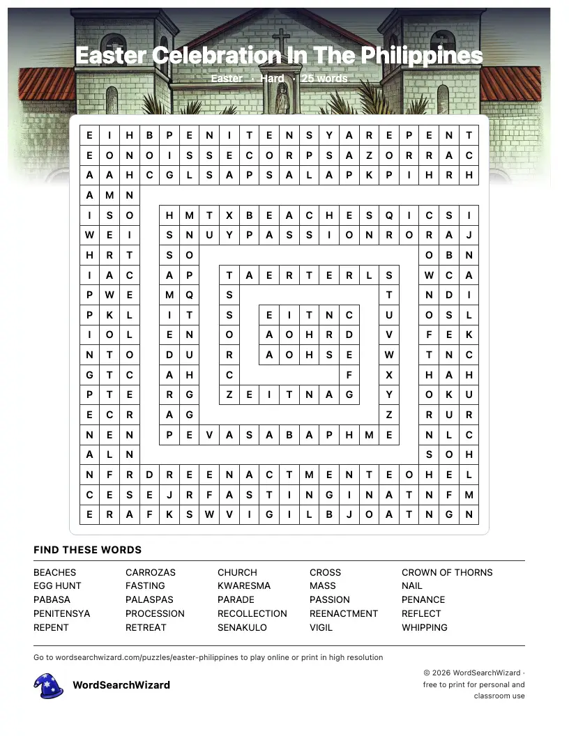 Easter Celebration In The Philippines word search printable sheet, 25 words to find