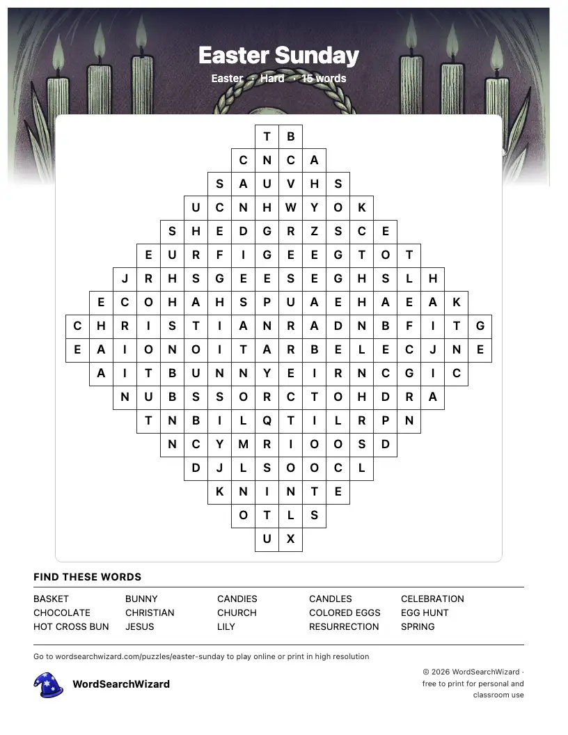 Easter Sunday word search printable sheet, 15 words to find
