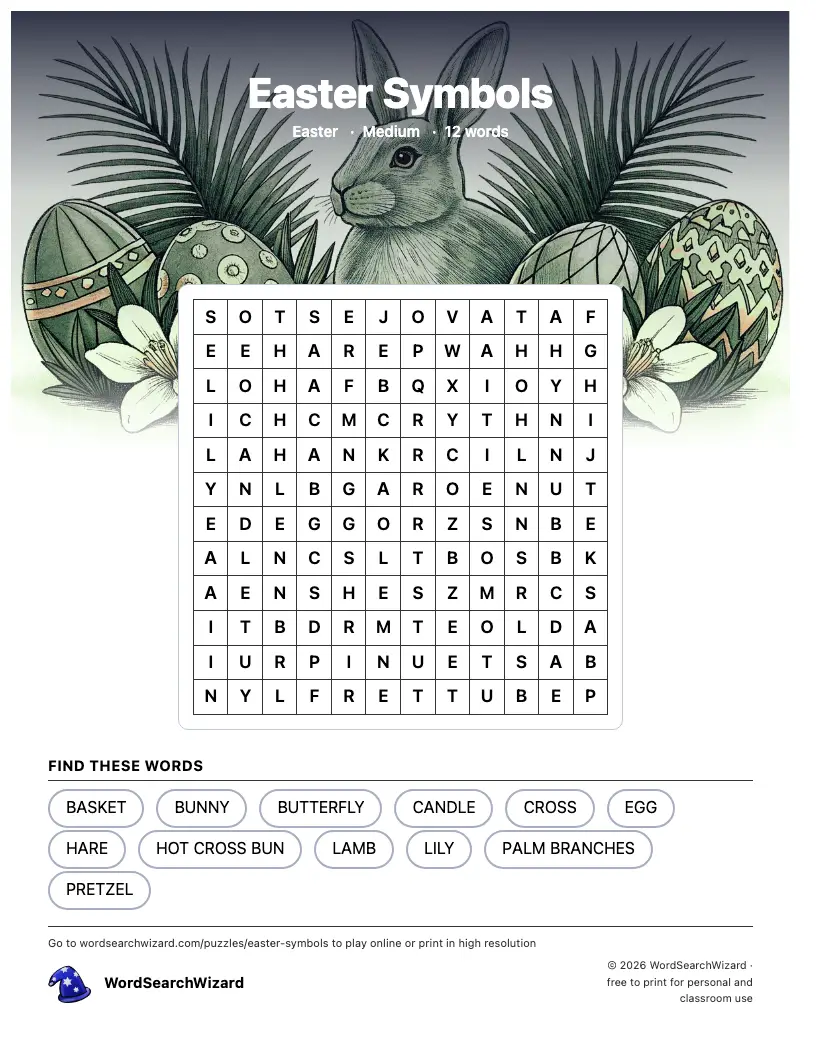 Easter Symbols word search printable sheet, 12 words to find