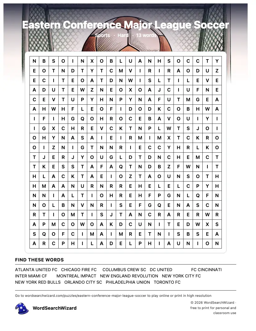 Eastern Conference Major League Soccer word search printable sheet, 13 words to find