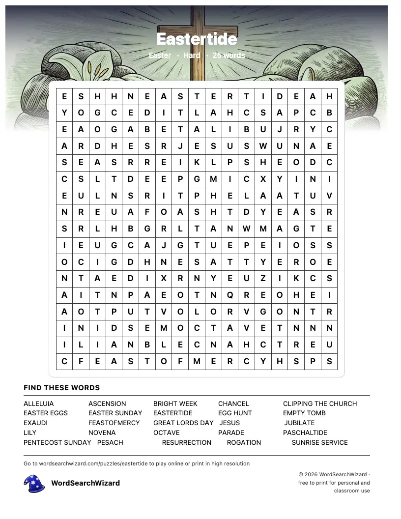 Eastertide word search printable sheet, 25 words to find