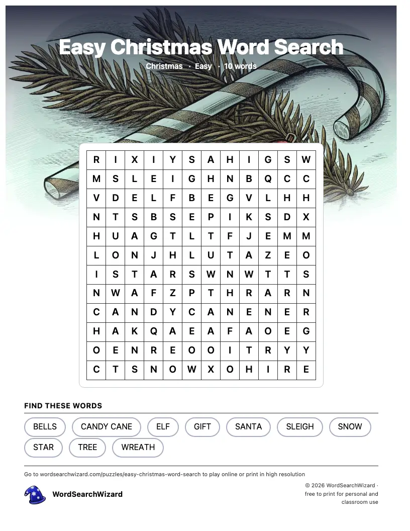 Easy Christmas word search printable sheet, 10 words to find