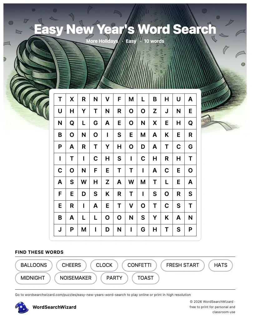 Easy New Year's word search printable sheet, 10 words to find