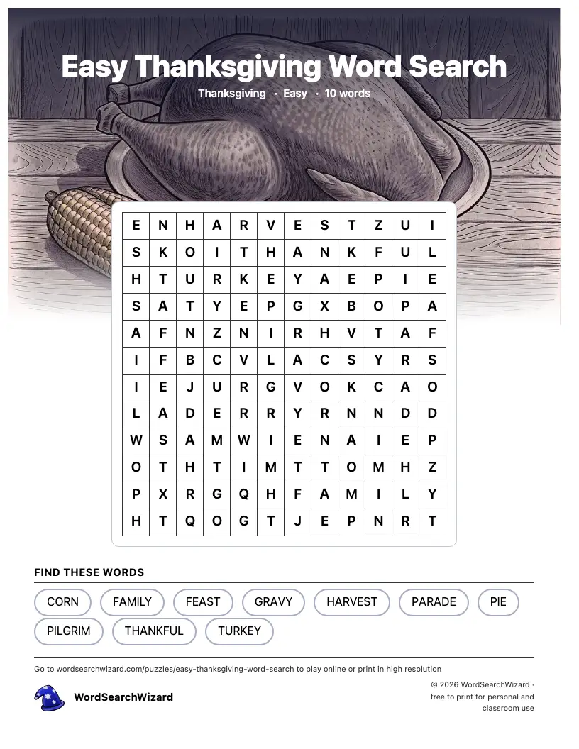 Easy Thanksgiving word search printable sheet, 10 words to find