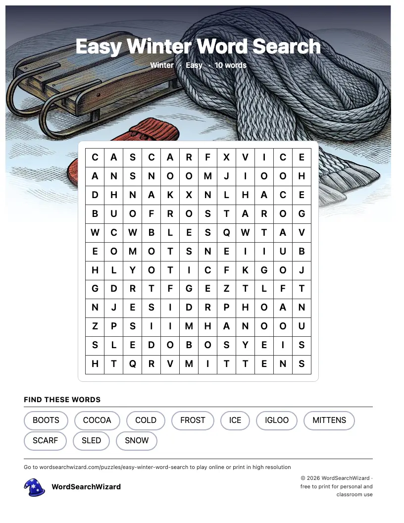 Easy Winter word search printable sheet, 10 words to find