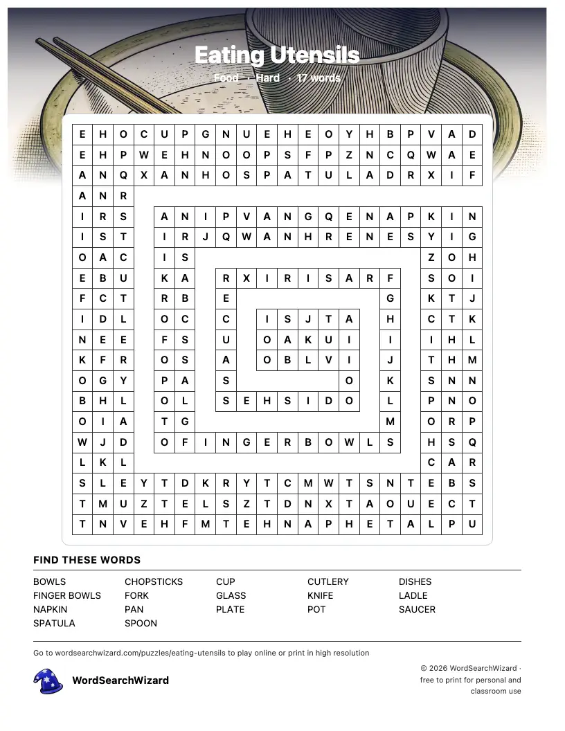Eating Utensils word search printable sheet, 17 words to find