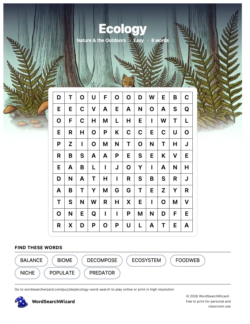 Ecology word search printable sheet, 8 words to find