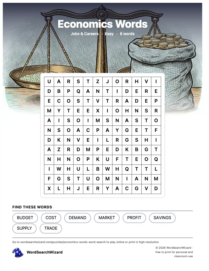 Economics Words word search printable sheet, 8 words to find