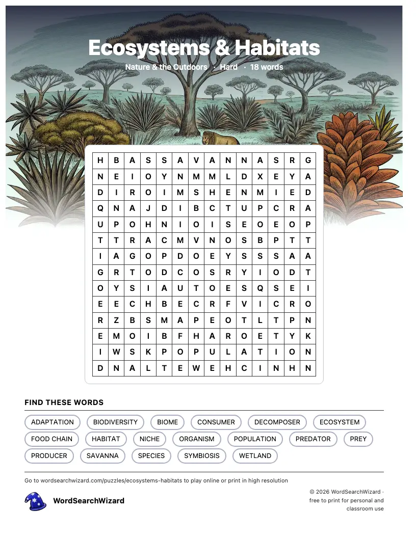 Ecosystems & Habitats word search printable sheet, 18 words to find