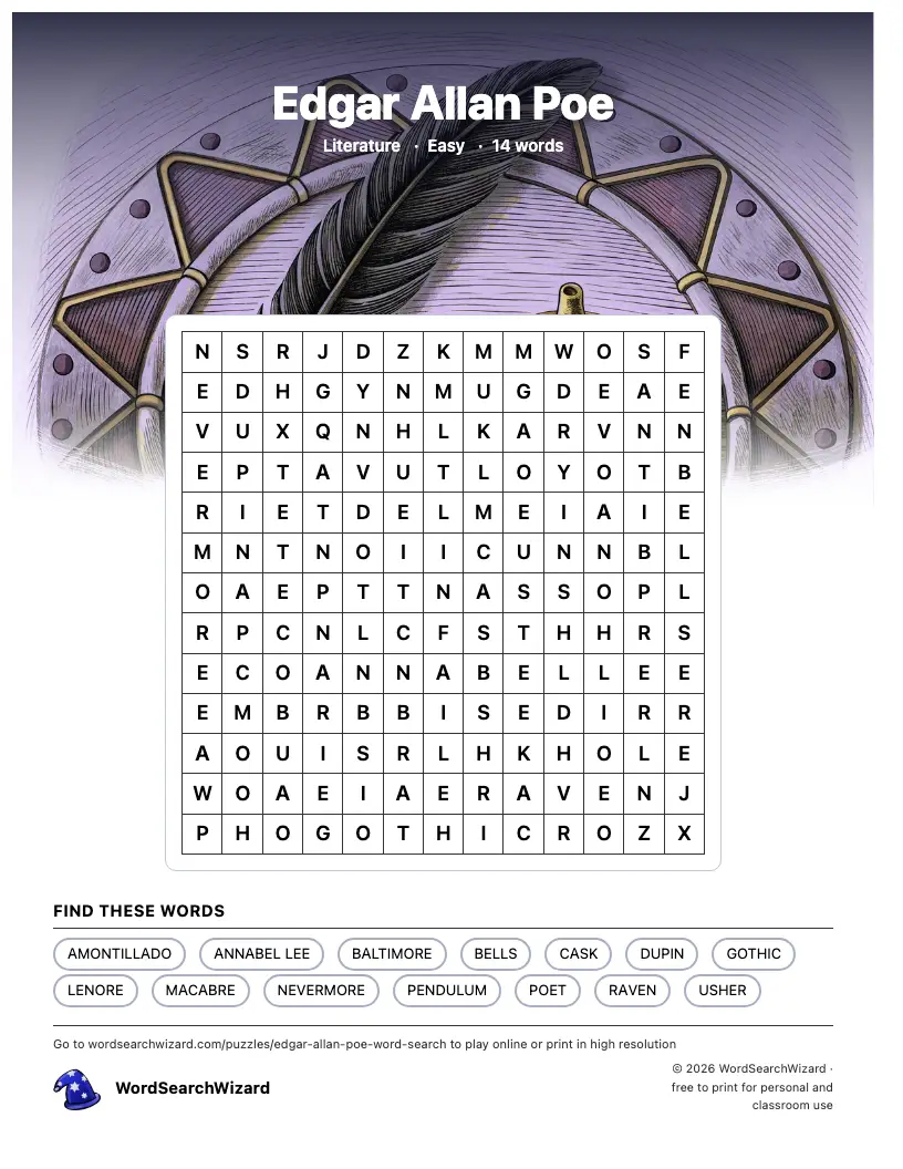 Edgar Allan Poe word search printable sheet, 14 words to find