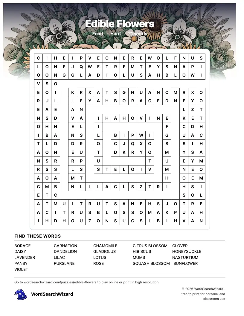 Edible Flowers word search printable sheet, 21 words to find