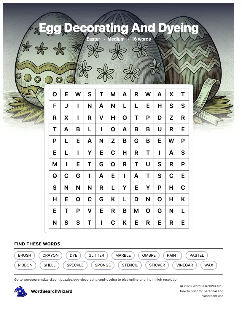 Egg Decorating And Dyeing word search printable sheet, 16 words to find