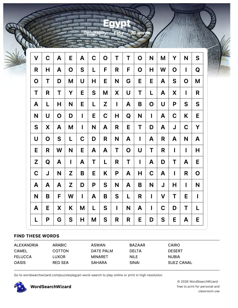 Egypt word search printable sheet, 20 words to find