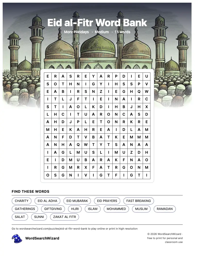 Eid al-Fitr Word Bank word search printable sheet, 15 words to find