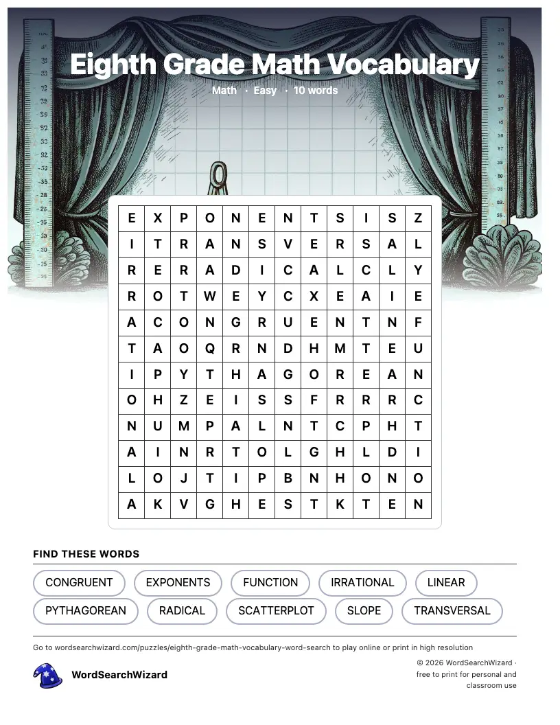 Eighth Grade Math Vocabulary word search printable sheet, 10 words to find