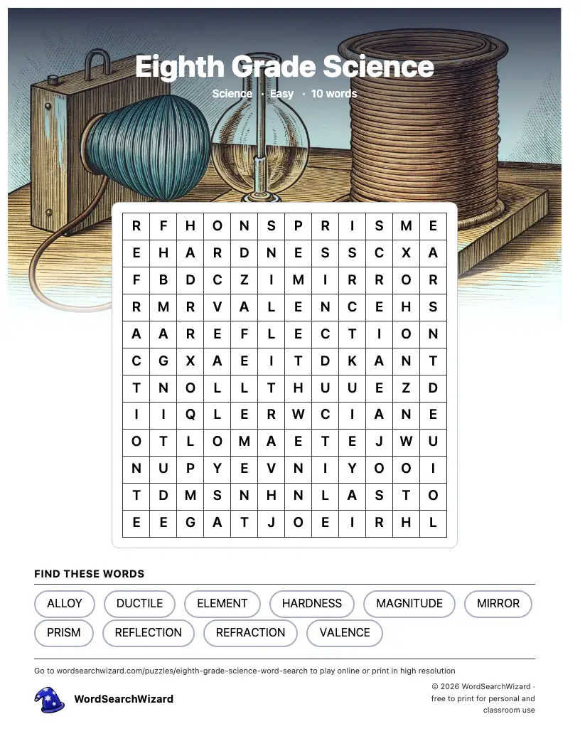 Eighth Grade Science word search printable sheet, 10 words to find