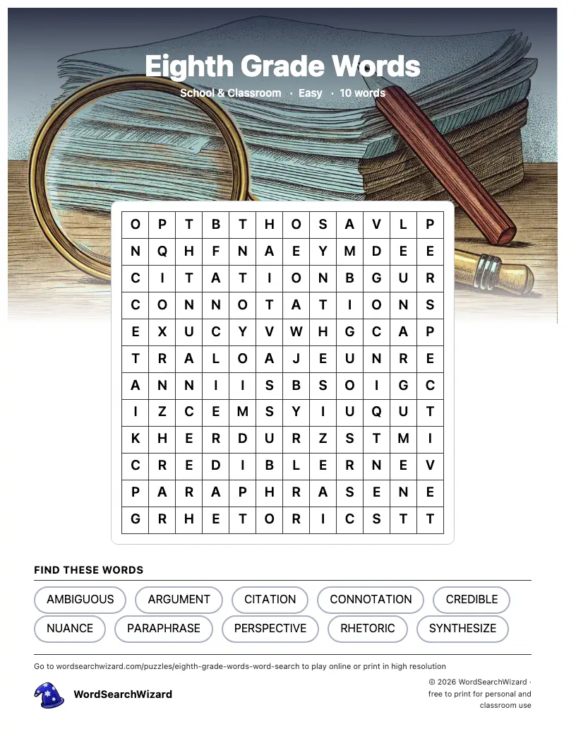 Eighth Grade Words word search printable sheet, 10 words to find