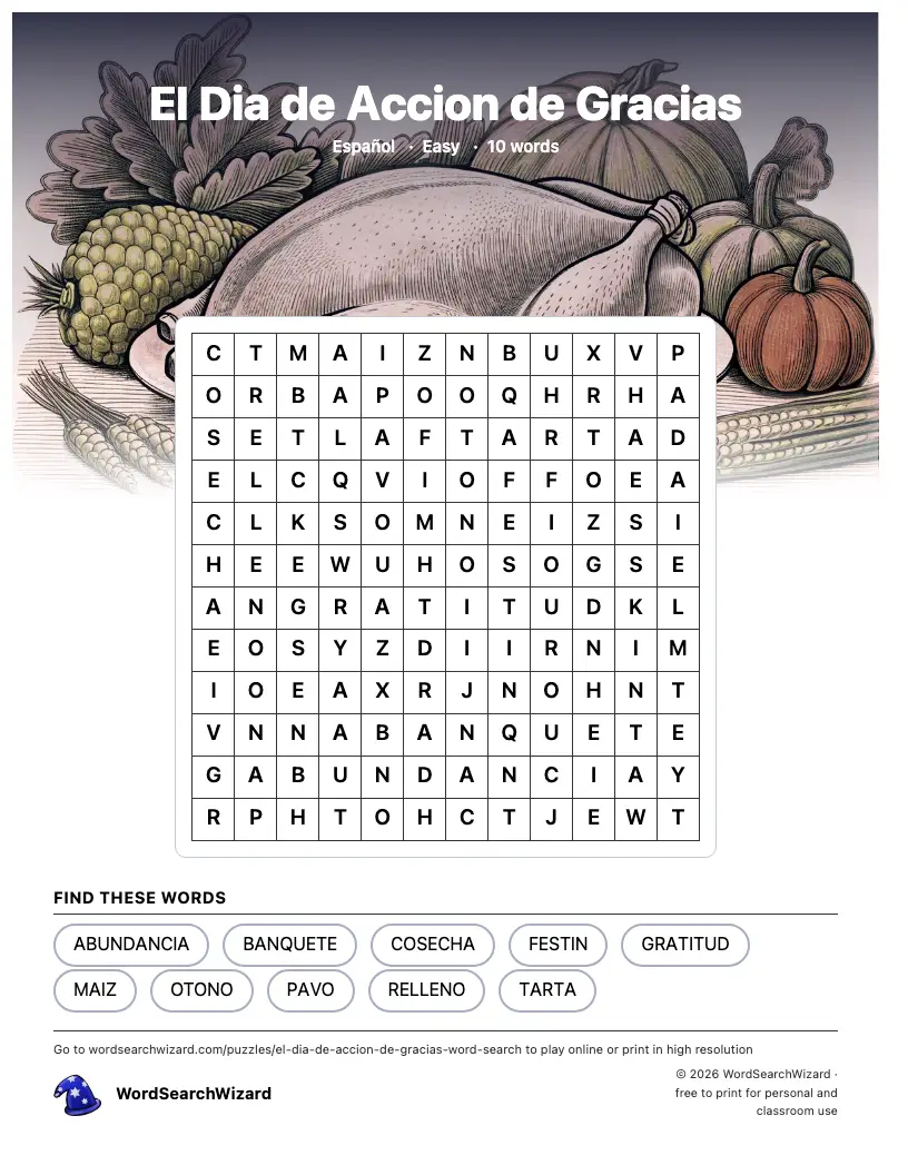 El Dia de Accion de Gracias word search printable sheet, 10 words to find