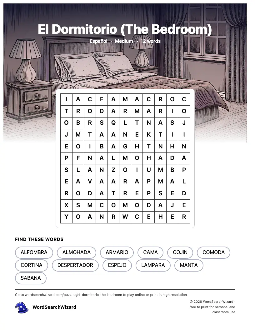 El Dormitorio (The Bedroom) word search printable sheet, 12 words to find