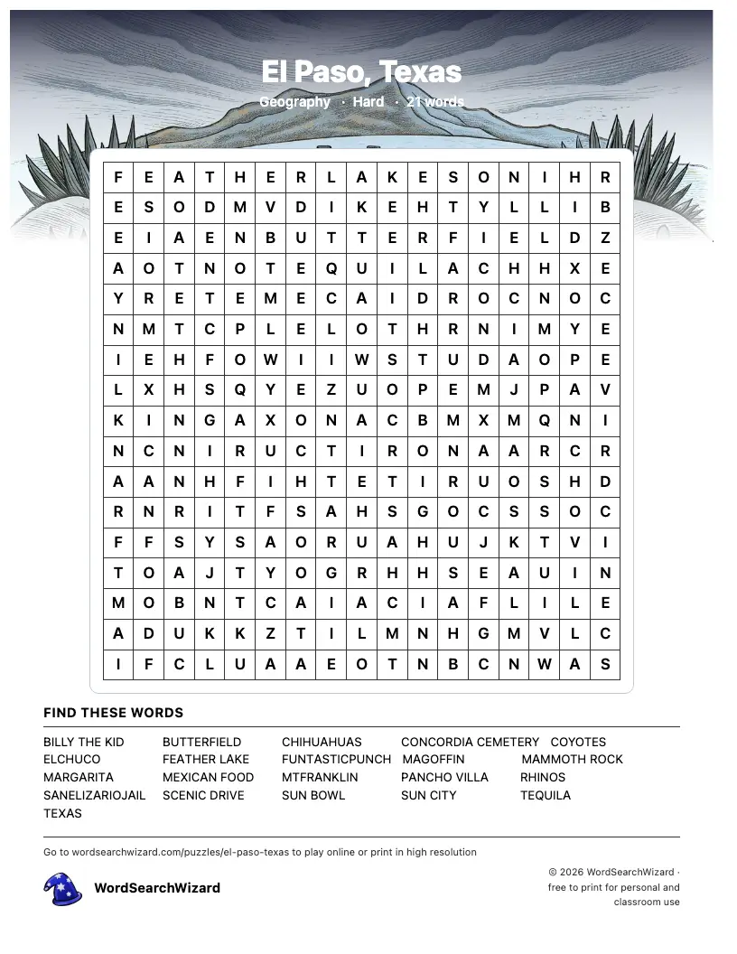 El Paso, Texas word search printable sheet, 21 words to find