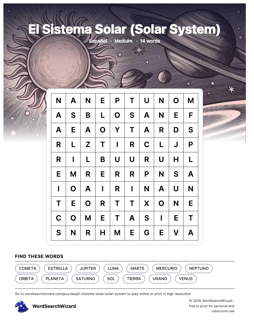 El Sistema Solar (Solar System) word search printable sheet, 14 words to find