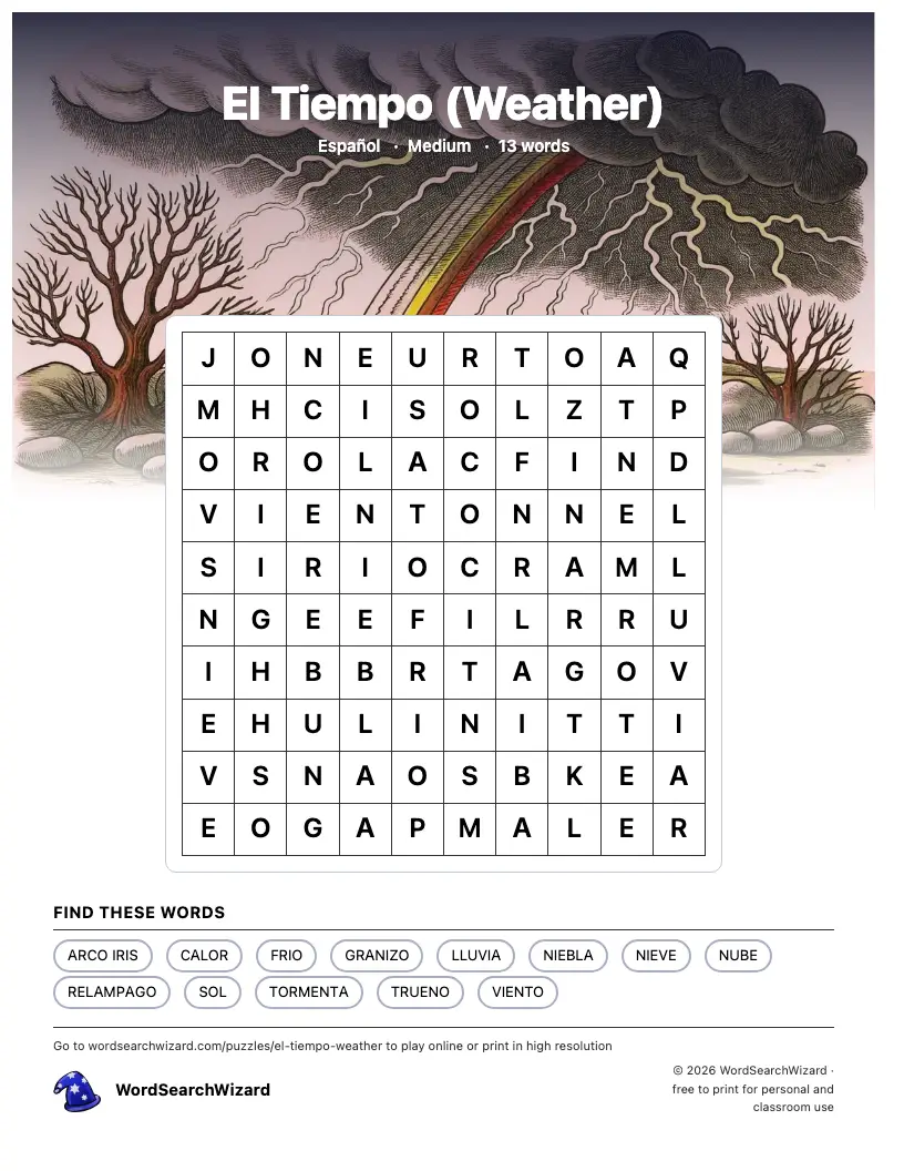 El Tiempo (Weather) word search printable sheet, 13 words to find