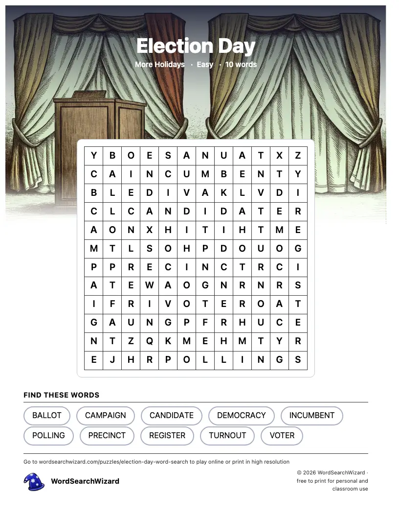 Election Day word search printable sheet, 10 words to find
