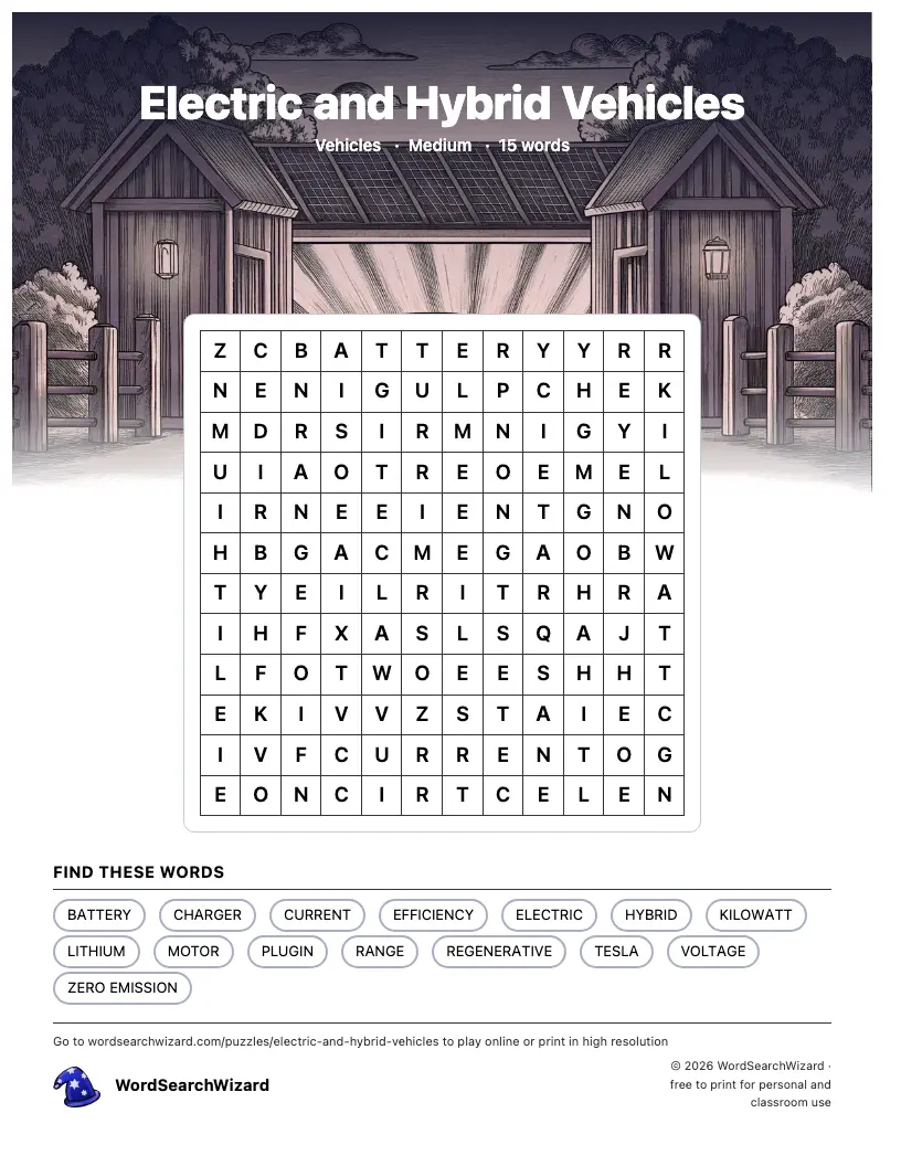 Electric and Hybrid Vehicles word search printable sheet, 15 words to find
