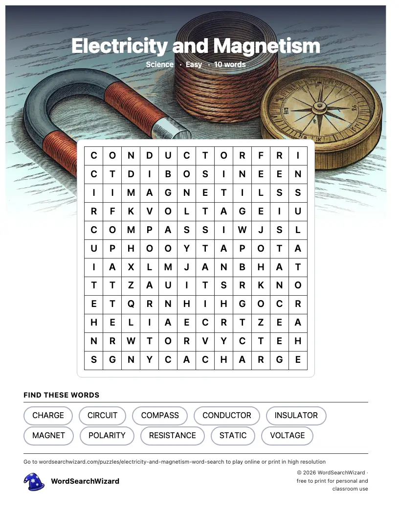 Electricity and Magnetism word search printable sheet, 10 words to find