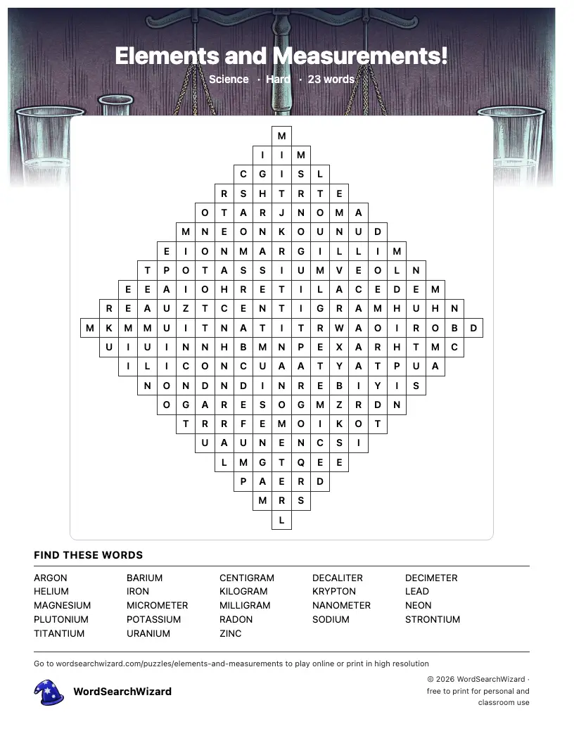 Elements and Measurements! word search printable sheet, 23 words to find