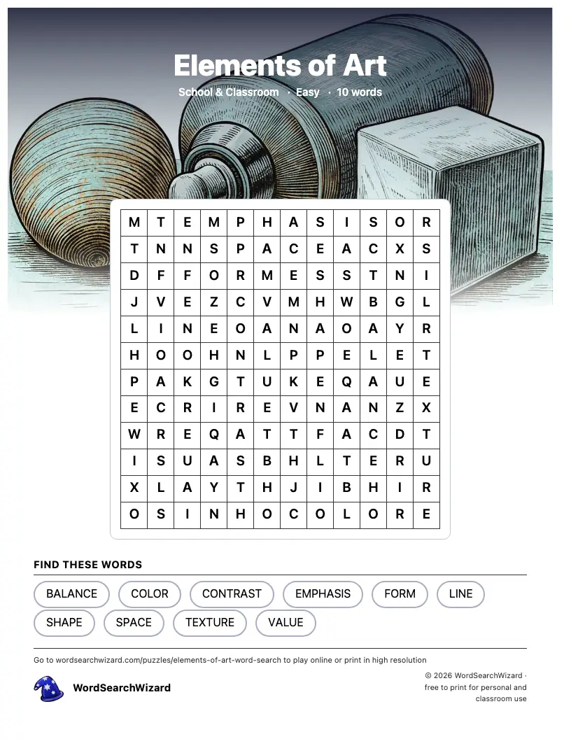Elements of Art word search printable sheet, 10 words to find