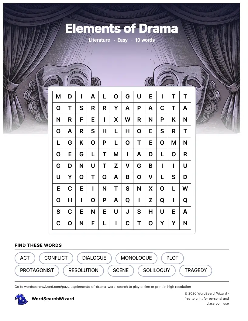 Elements of Drama word search printable sheet, 10 words to find