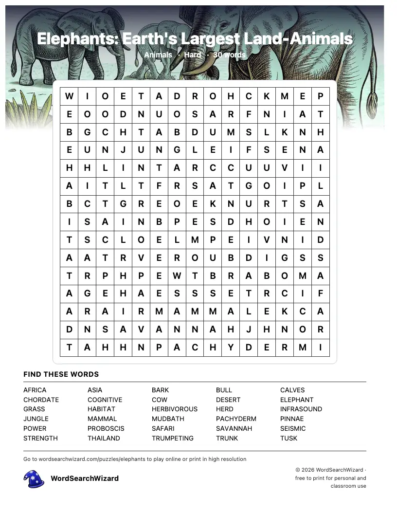Elephants: Earth's Largest Land-Animals word search printable sheet, 30 words to find