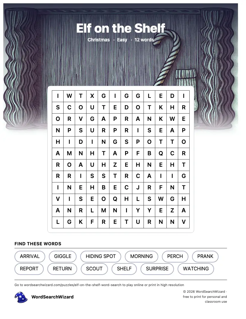 Elf on the Shelf word search printable sheet, 12 words to find