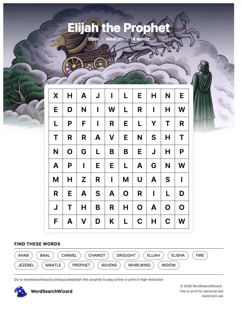 Elijah the Prophet word search printable sheet, 14 words to find