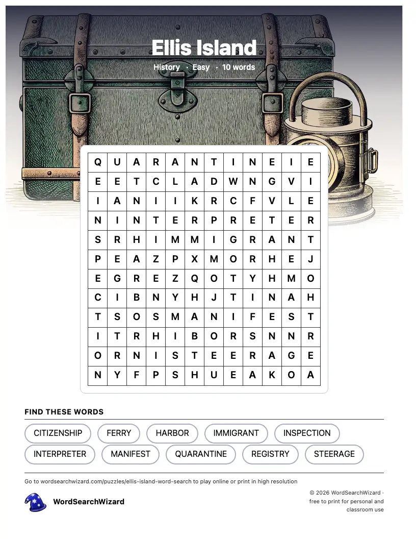 Ellis Island word search printable sheet, 10 words to find