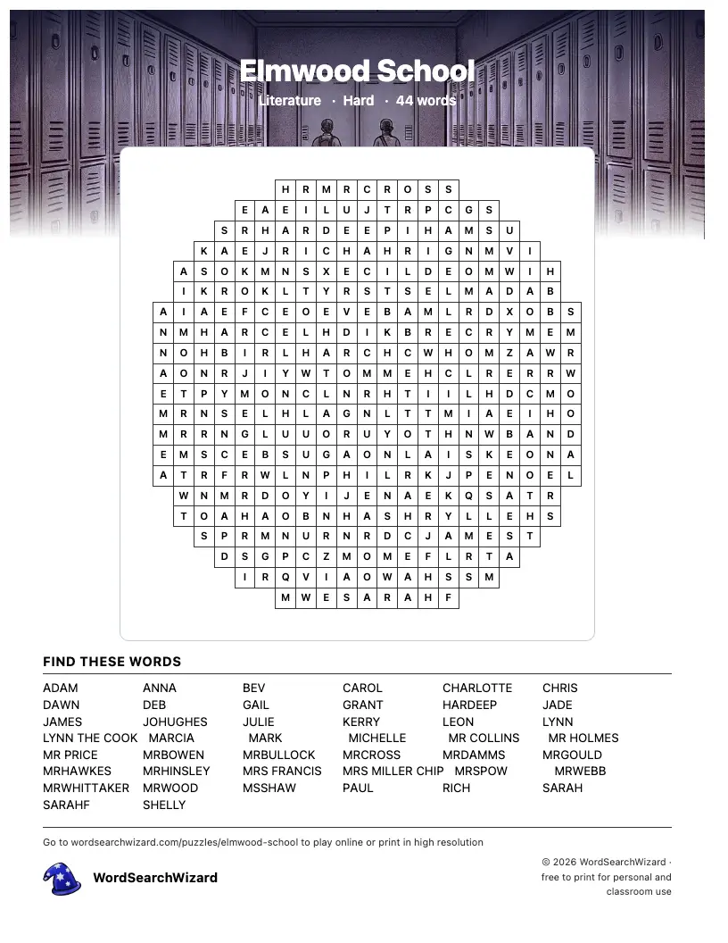 Elmwood School word search printable sheet, 44 words to find