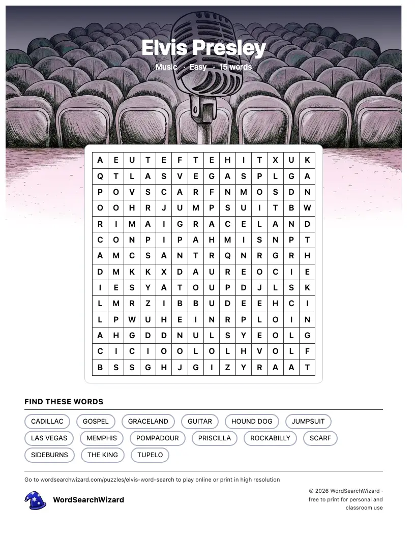 Elvis Presley word search printable sheet, 15 words to find