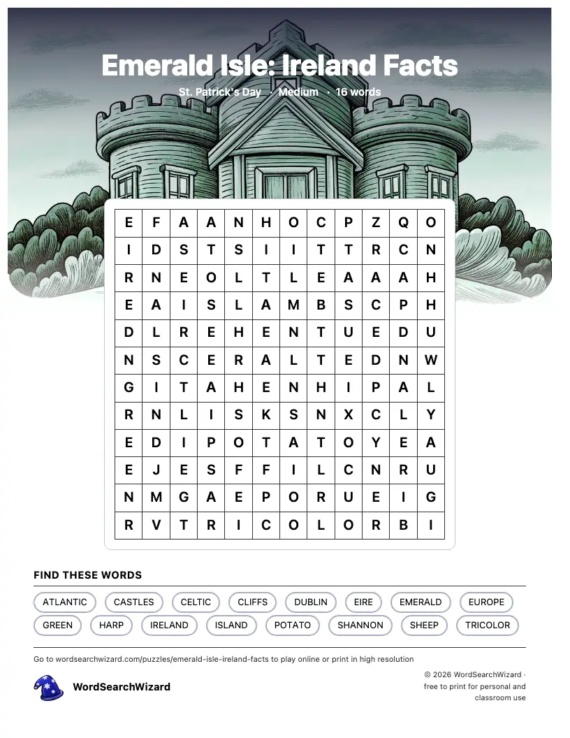 Emerald Isle: Ireland Facts word search printable sheet, 16 words to find
