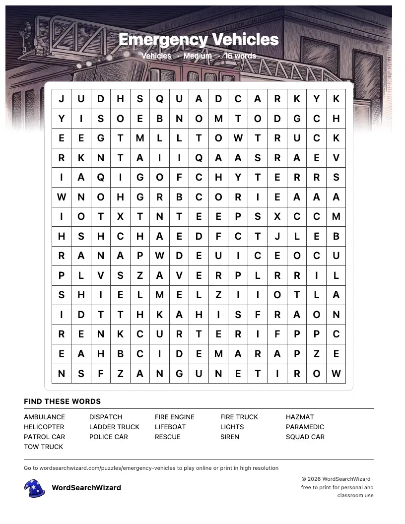Emergency Vehicles word search printable sheet, 16 words to find