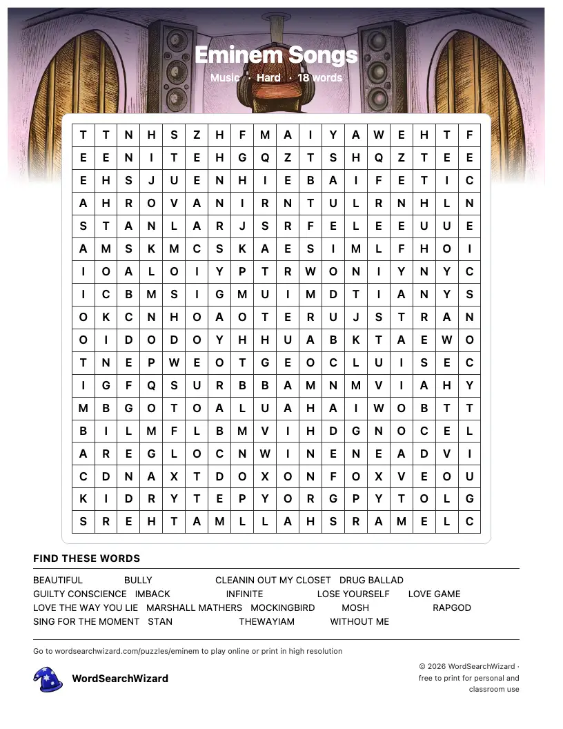 Eminem Songs word search printable sheet, 18 words to find