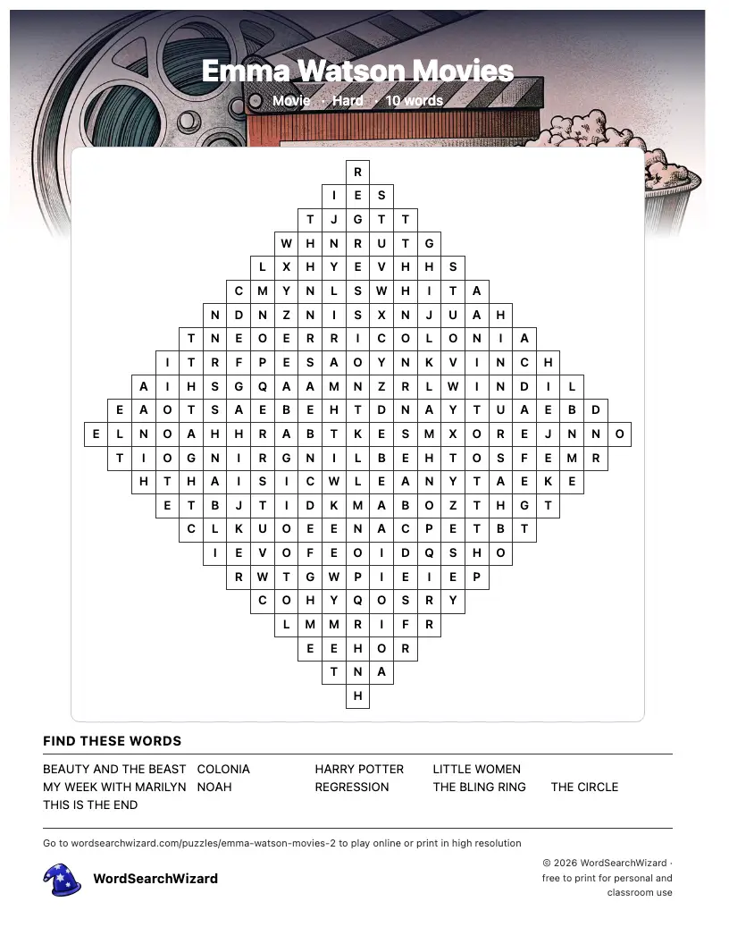 Emma Watson Movies word search printable sheet, 10 words to find