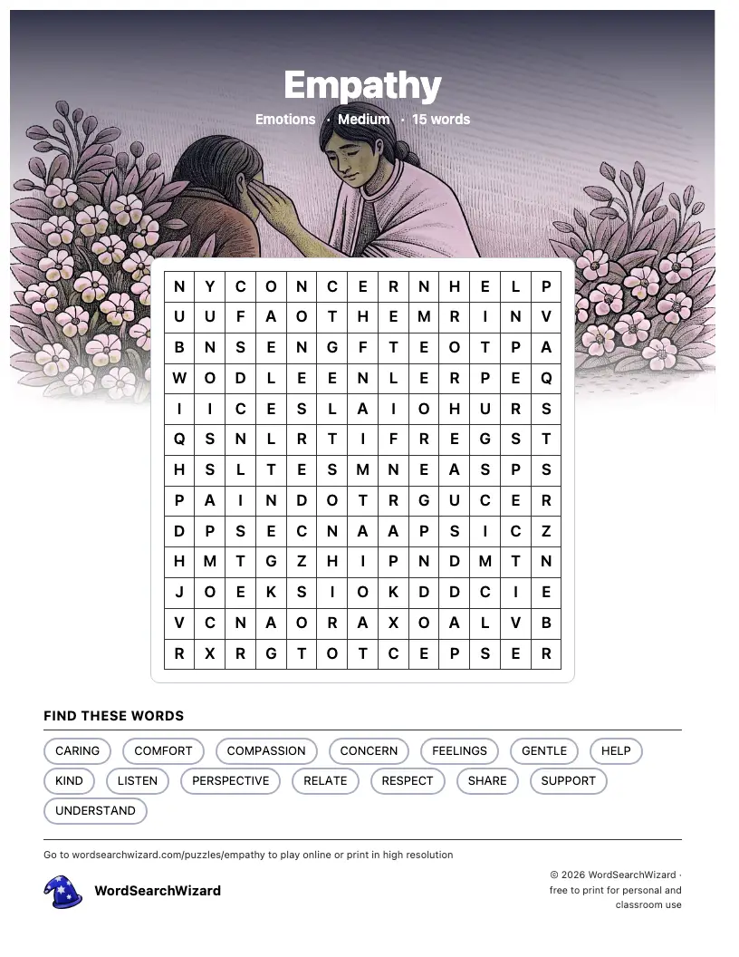 Empathy word search printable sheet, 15 words to find