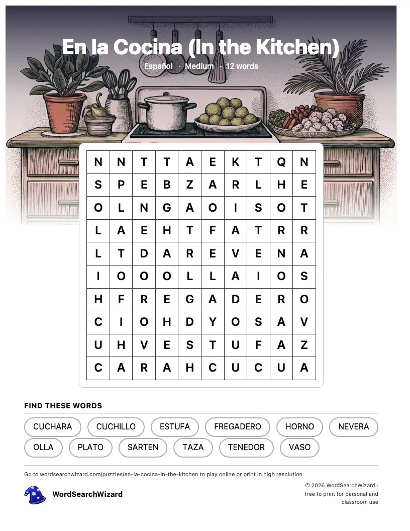 En la Cocina (In the Kitchen) word search printable sheet, 12 words to find