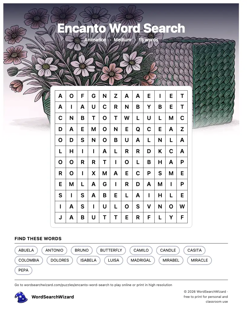 Encanto word search printable sheet, 15 words to find