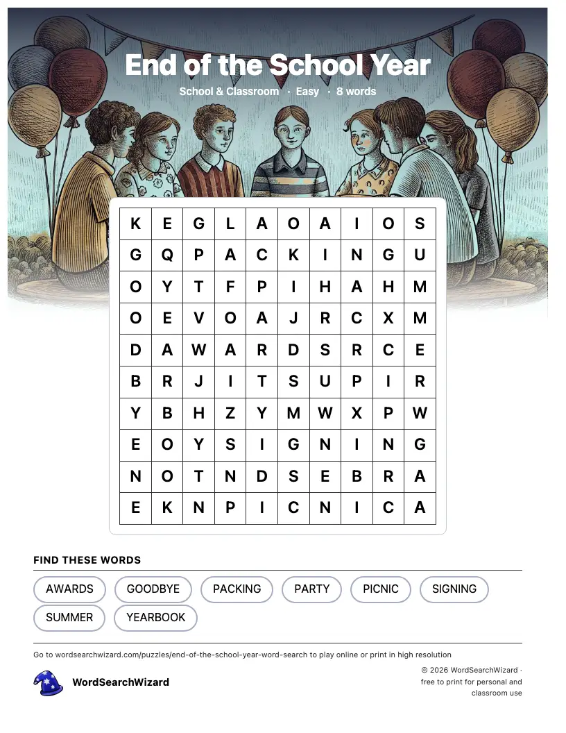 End of the School Year word search printable sheet, 8 words to find